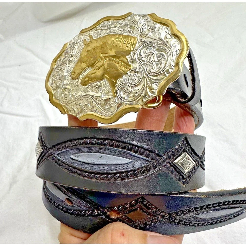 Crumrine Silver Plate Buckle Horse‎ Mare Foal Two Tone Western Belt Black 26